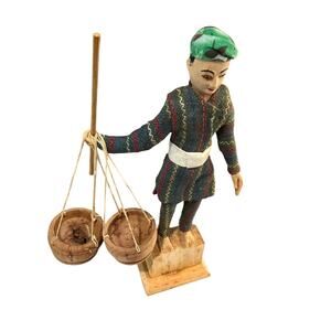 Vintage Asian Wooden Water Carrier Figurine Folk Art Doll Baskets 8" Handmade